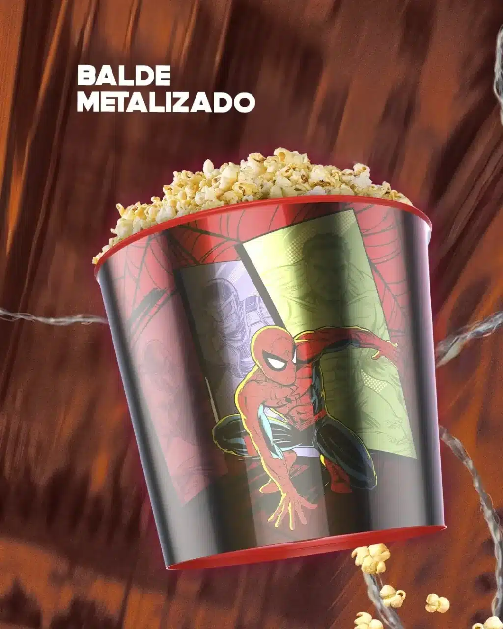 Balde metalizado com ilustração do Homem-Aranha e pipoca, com texto “BALDE METALIZADO”.