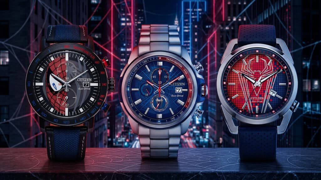 Três relógios Citizen temáticos do Homem-Aranha com mostradores azul, vermelho e metálico, em cenário futurista urbano