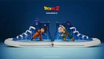Converse x Dragon Ball Z: tênis azul com Goku e Vegeta Tênis Converse em collab com Dragon Ball Z, modelo azul com ilustrações de Goku e Vegeta e cadarço branco