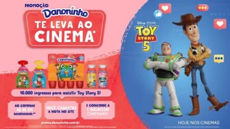 Danoninho promoção Toy Story 5 com 10.000 ingressos Campanha promocional Danoninho: te leva ao cinema com Toy Story 5 e 10.000 ingressos para assistir.
