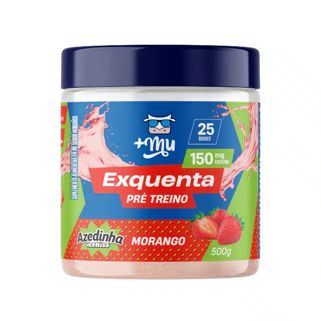 Pote de balas pré-treino +Mu Exquenta com sabor Azedinha Icekiss Morango, 25 doses e 150 mg de cafeína, 500 g.