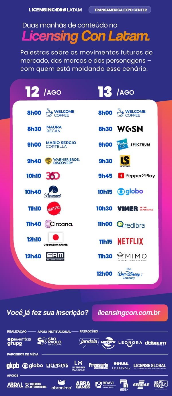 Cartaz do Licensing Con Latam com programação de palestras, datas 12 e 13 de agosto e marcas do entretenimento.