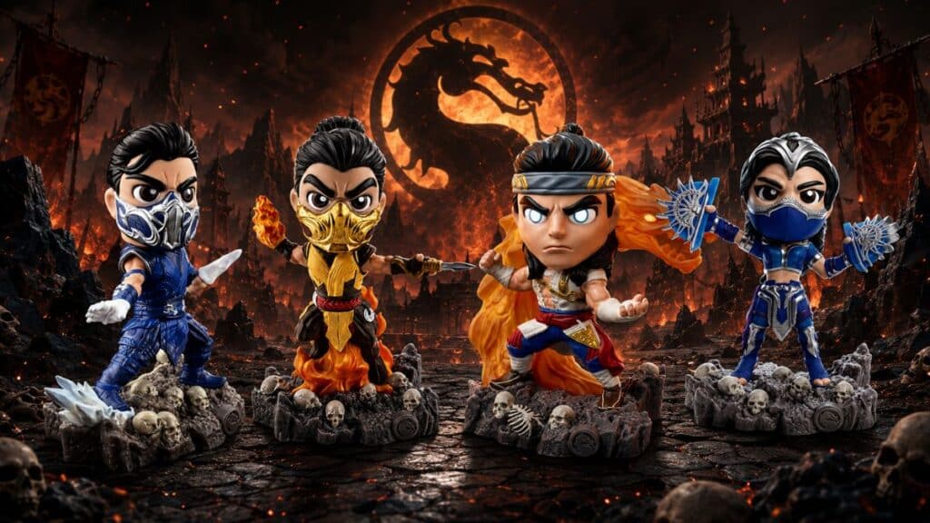 Bonecos estilo colecionável de Mortal Kombat em estilo chibi, com logo de dragão ao fundo e cenário sombrio