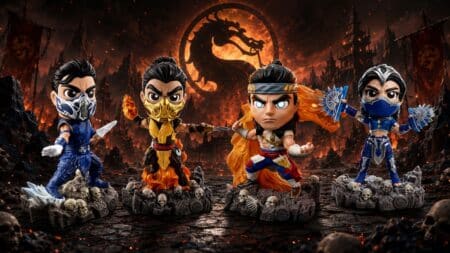 Linha de colecionáveis Mortal Kombat Fandom Box em estilo chibi Bonecos estilo colecionável de Mortal Kombat em estilo chibi, com logo de dragão ao fundo e cenário sombrio
