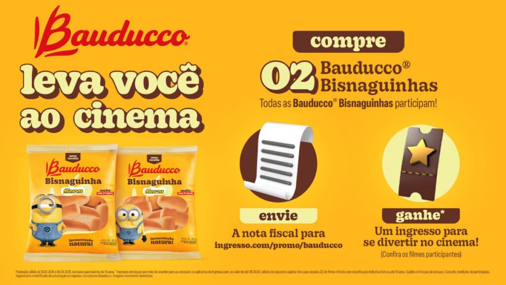 Bauducco Bisnaguinha Minions: compre e ganhe ingresso para cinema Arte promocional Bauducco Bisnaguinha com Minions: compre e ganhe ingresso para cinema