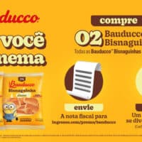 Arte promocional Bauducco Bisnaguinha com Minions: compre e ganhe ingresso para cinema