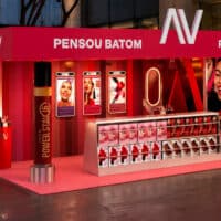 Avon “PENSOU BATOM” em banca temática no Shopping, com parede vermelha e fila de batons expostos para fotos