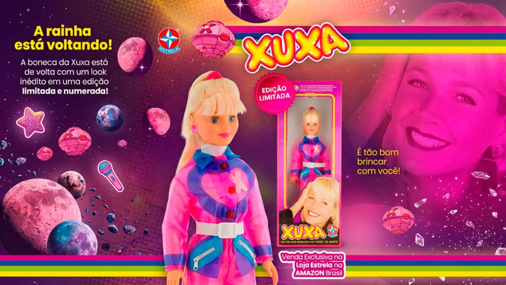 Boneca da Xuxa edição limitada futurista rosa e azul metálico Boneca da Xuxa em edição limitada e numerada, com visual futurista rosa e azul metálico, em embalagem e cenário espacial