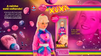 Boneca da Xuxa edição limitada futurista rosa e azul metálico Boneca da Xuxa em edição limitada e numerada, com visual futurista rosa e azul metálico, em embalagem e cenário espacial