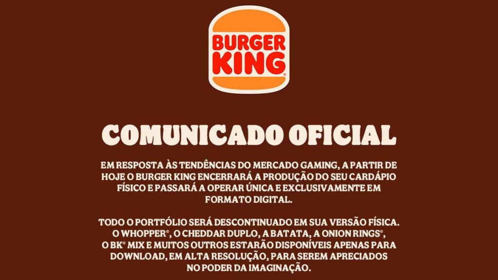 Imagem com o logo do Burger King e o comunicado oficial sobre encerramento do cardápio físico e oferta digital.