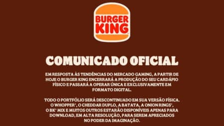 Burger King “Comunicado Oficial” sobre cardápio físico e digital Imagem com o logo do Burger King e o comunicado oficial sobre encerramento do cardápio físico e oferta digital.
