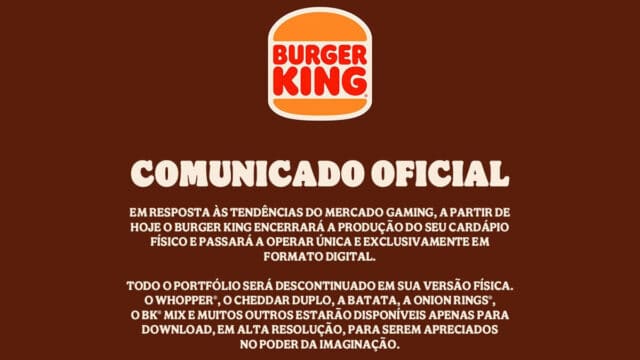 Imagem com o logo do Burger King e o comunicado oficial sobre encerramento do cardápio físico e oferta digital.