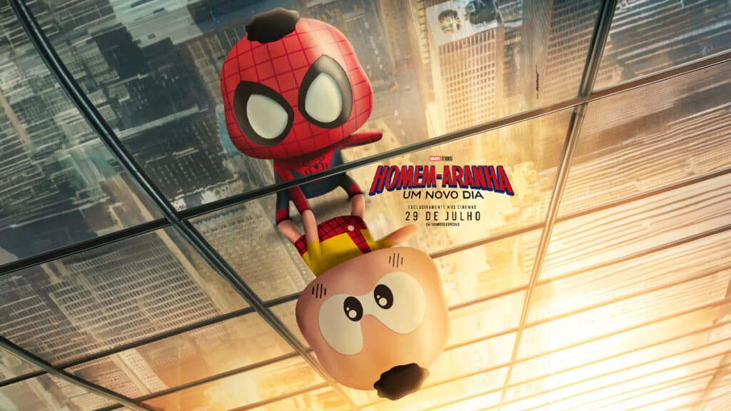 Cascão vira Homem-Aranha: Um Novo Dia Cascão e o Homem-Aranha em cena urbana, com texto “Homem-Aranha: Um Novo Dia” no cartaz ao fundo.