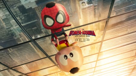 Cascão vira Homem-Aranha: Um Novo Dia Cascão e o Homem-Aranha em cena urbana, com texto “Homem-Aranha: Um Novo Dia” no cartaz ao fundo.