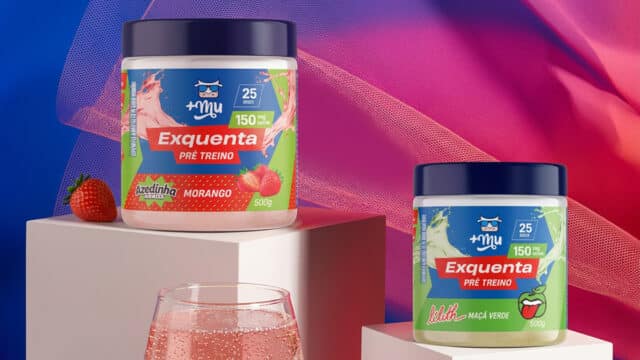 Pote de balas pré-treino Exquenta +Mu nos sabores Morango e Maçã Verde, com 25 doses e 150 mg de cafeína por dose