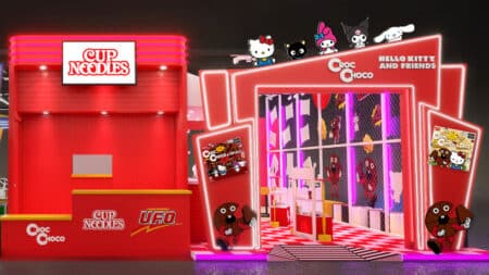Estande Croc Choco Hello Kitty no Festival do Japão 2026 Ambiente temático do Croc Choco com Hello Kitty e personagens japoneses em estande no Festival do Japão 2026.