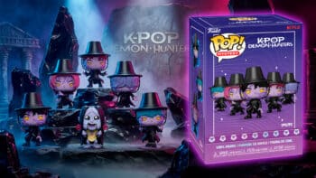 Funko Pop! K-Pop Demon Hunters Saja Boys demoníacos (blind box) Blind box Funko Pop! K-Pop Demon Hunters com bonecos Saja Boys em versões demoníacas, em caixa roxa e roxo-azulada.