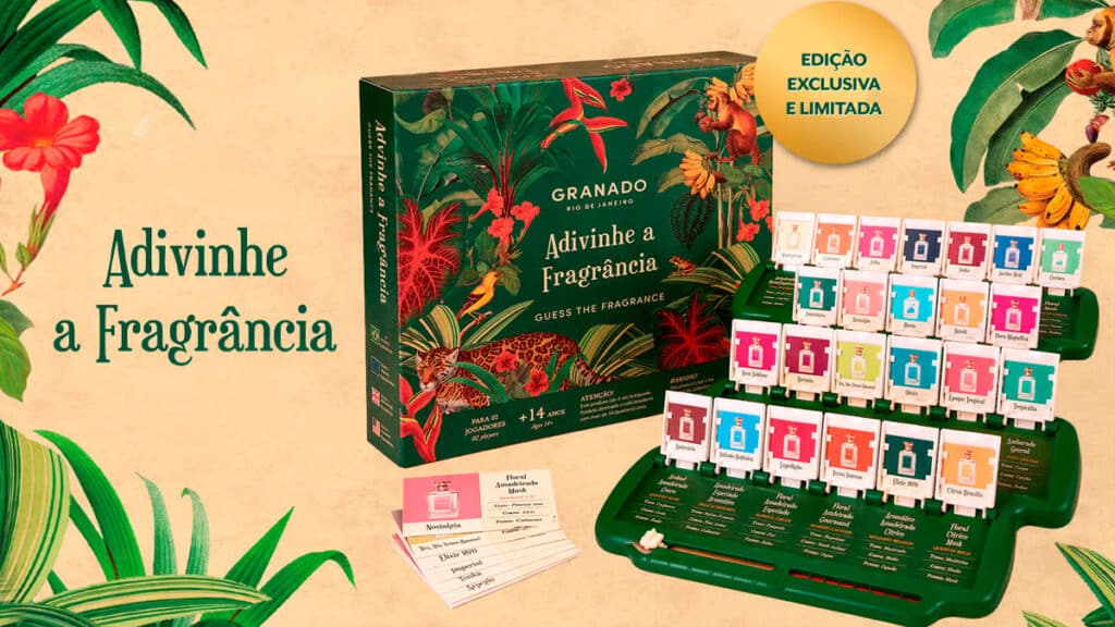 Kit do jogo Granado “Adivinhe a Fragrância” com caixa e cartas de edição exclusiva e iluminada