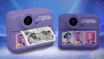 Câmeras Candide Guerreiras do K-Pop com impressão de fotos Duas câmeras digitais Candide “Guerreiras do K-Pop” em roxo, mostrando fotos impressas e cenas da animação.