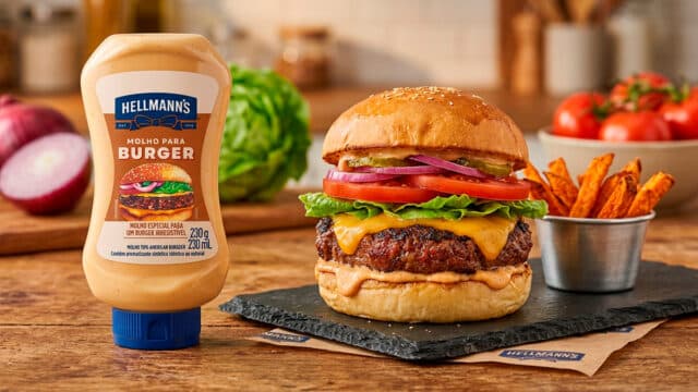 Squeeze de molho Hellmann’s Molho para Burger e hambúrguer com queijo, tomate e cebola no cenário de ingredientes