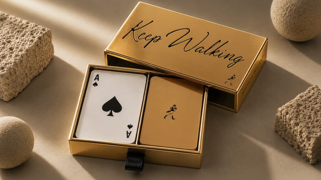 Johnnie Walker: caixa premium com cartas Caixa premium Johnnie Walker com cartas no interior, em ambiente claro com pedras decorativas ao redor.