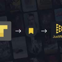 Ilustração de migração do TV Time para o JustWatch, com setas e ícones dos aplicativos