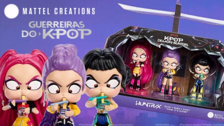 Guerreiras do K-Pop: colecionáveis Mattel e “K-Pop Demon Nünters” Colecionáveis Mattel Guerreiras do K-Pop com personagens em estilo chibi e caixa K-Pop Demon Nünters