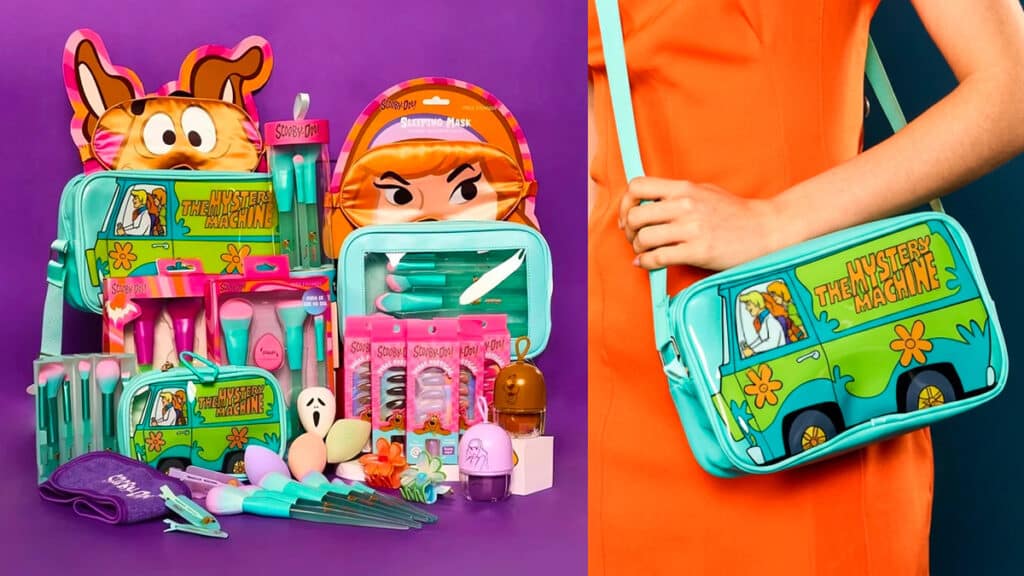 Acessórios Scooby-Doo da Miss Frandy com necessaire e pincéis Coleção de acessórios de maquiagem e cabelo inspirados em Scooby-Doo, com necessaire e pincéis em display e em bolsa