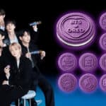 Imagem promocional do Oreo BTS com membros do BTS e selos temáticos do biscoito Oreo em roxo