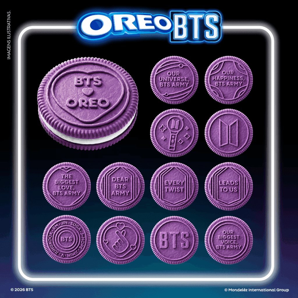 Imagem de biscoitos Oreo BTS em roxo, com vários relevos temáticos e inscrições como BTS e BTS ARMY.