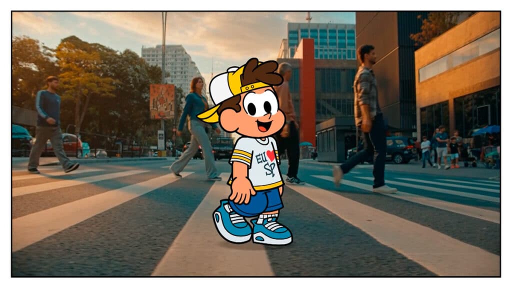 Paulistinha mascote de São Paulo, Mauricio de Sousa Personagem Paulistinha mascote do Mauricio de Sousa em cena na cidade de São Paulo, com ambiente urbano ao fundo.