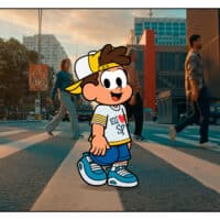 Personagem Paulistinha mascote do Mauricio de Sousa em cena na cidade de São Paulo, com ambiente urbano ao fundo.