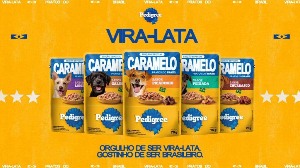 Cartaz da ração Pedigree Vira-Lata com sachês sabor caramelo, caramelo, canidinho, peça e churrasco para cães