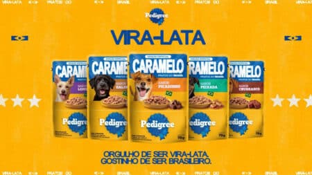 Pedigree Vira-Lata: sachês saborizados Cartaz da ração Pedigree Vira-Lata com sachês sabor caramelo, caramelo, canidinho, peça e churrasco para cães