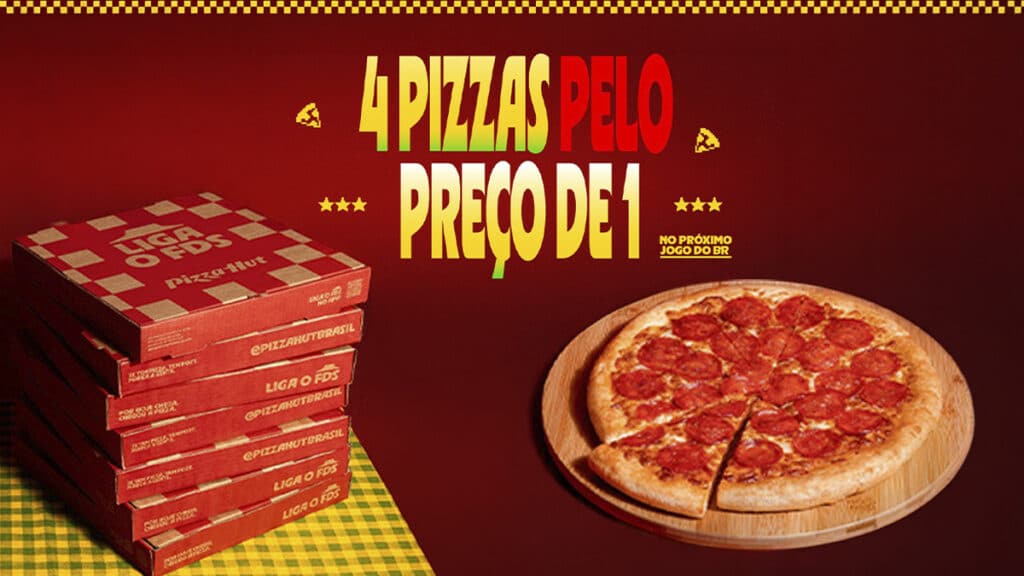 Pizza Hut: 4 pizzas pelo preço de 1 Promoção Pizza Hut com 4 pizzas pelo preço de 1, ao lado de caixas e uma pizza em fundo vermelho