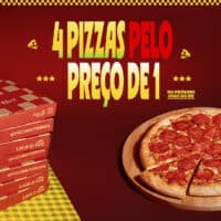 Promoção Pizza Hut com 4 pizzas pelo preço de 1, ao lado de caixas e uma pizza em fundo vermelho