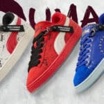 Tênis PUMA Suede da coleção Street Fighter com modelos vermelho, branco e azul inspirados em Ryu, Ken e Chun-Li