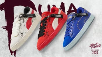 Tênis PUMA Suede da coleção Street Fighter com modelos vermelho, branco e azul inspirados em Ryu, Ken e Chun-Li