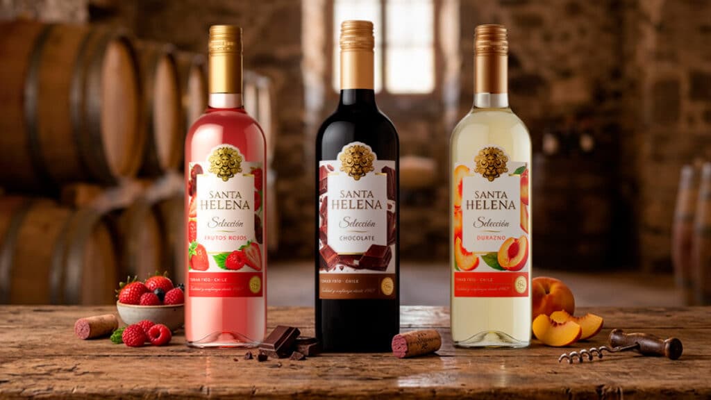 Garrafas Santa Helena Selección à base de vinho em sabores chocolate, frutas vermelhas e pêssego, sobre mesa de madeira.