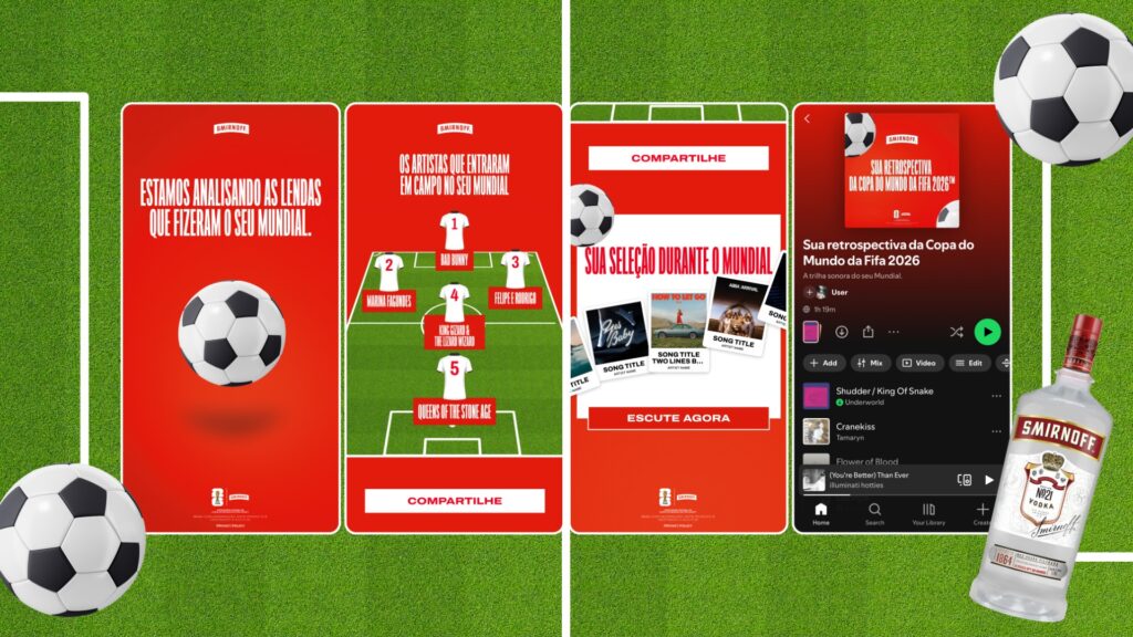 Smirnoff e Spotify lançam playlists personalizadas da Copa do Mundo FIFA 26 Colagem com garrafa Smirnoff e imagens de celular com playlists do Spotify sobre a Copa do Mundo FIFA 26.
