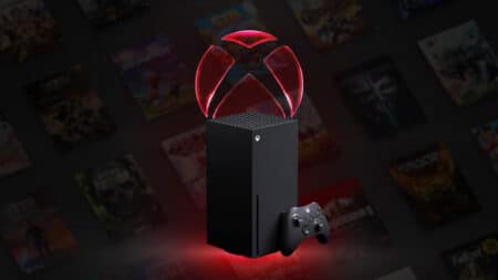 Ilustração de um Xbox preto com luz vermelha e controlador, em fundo desfocado de jogos, associada a falha de serviços.