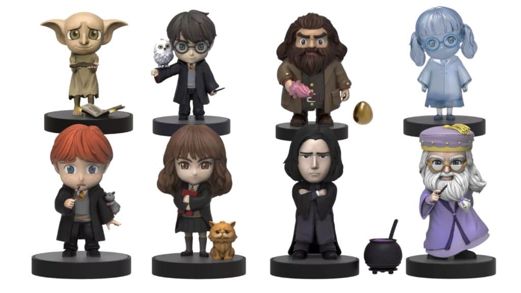Blind boxes colecionáveis de Harry Potter da Miniso Brasil com personagens em base preta