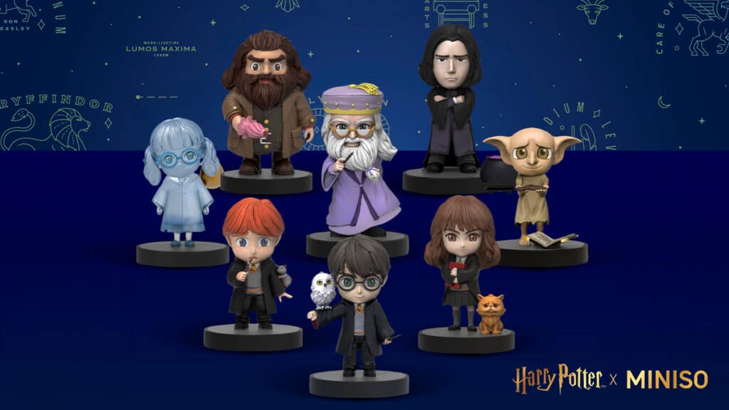 Blind boxes colecionáveis Harry Potter x MINISO com miniaturas de personagens em suporte circular
