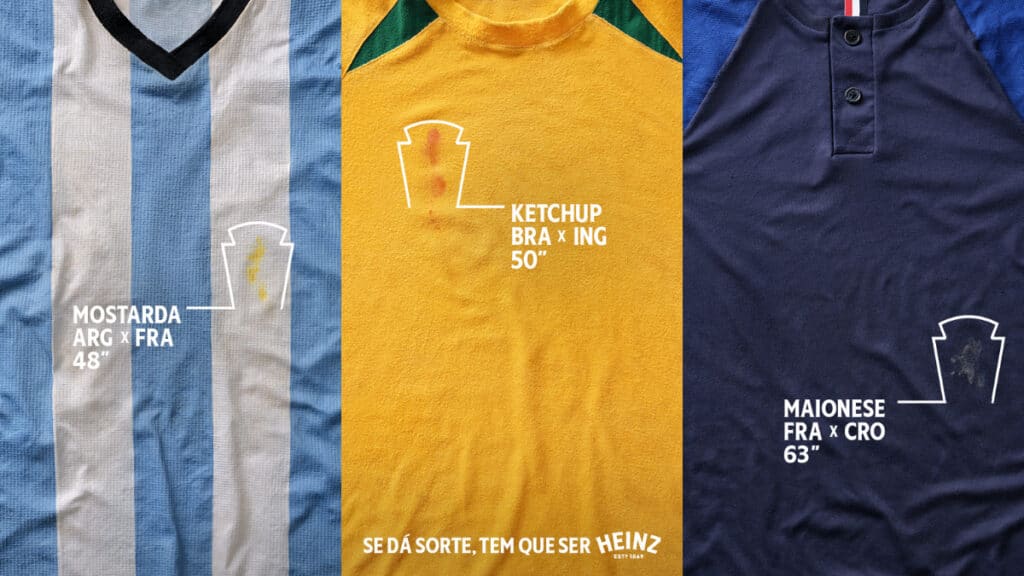 Cartaz com camisas e opções de molhos Heinz, incluindo ketchup e maionese, com texto de campanha “Se dá sorte, tem que ser Heinz”.