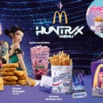 Menu temático Huntrix no McDonald's Brasil com batatas, frango, bebidas e personagens do K-POP