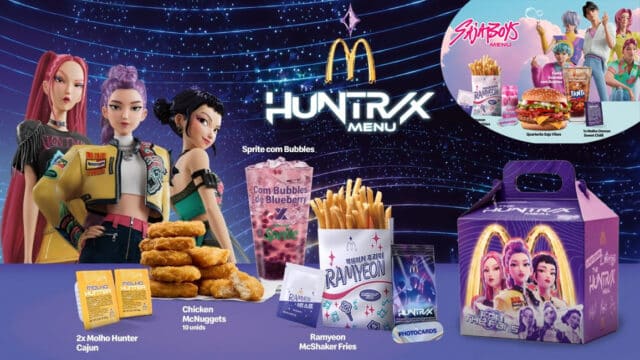Menu temático Huntrix no McDonald's Brasil com batatas, frango, bebidas e personagens do K-POP