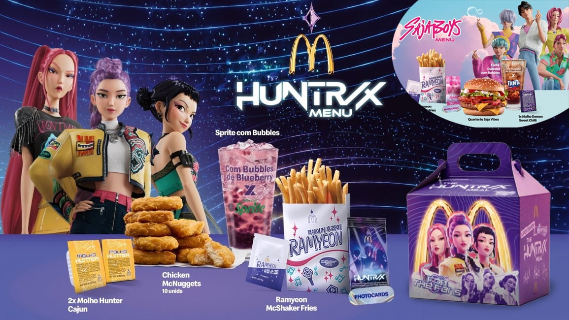 Menu temático Huntrix no McDonald's Brasil com batatas, frango, bebidas e personagens do K-POP