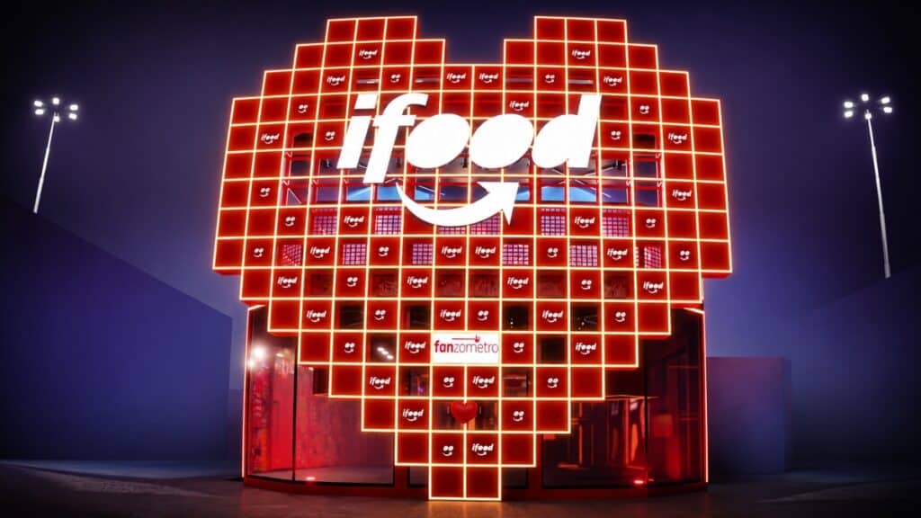 iFood no Rock in Rio 2026 em painel luminoso Logotipo iFood em painel luminoso de leds, ao centro, no contexto do Rock in Rio 2026