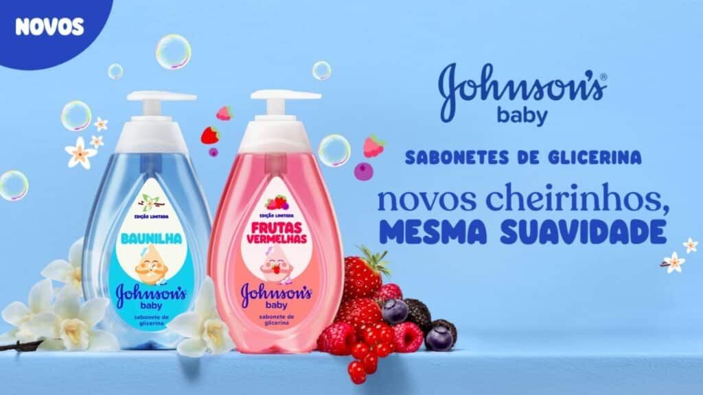 Imagem do sabonete líquido Johnson’s baby de glicerina nas fragrâncias Baunilha e Frutas Vermelhas.