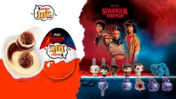 Kinder Joy Stranger Things edição especial Netflix Embalagem do Kinder Joy edição Stranger Things com personagens e miniaturas em fundo vermelho e azul